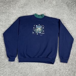 Endless Designs Sweatshirt Womens Medium Navy Mock Neck Winter Birds Snowflakes